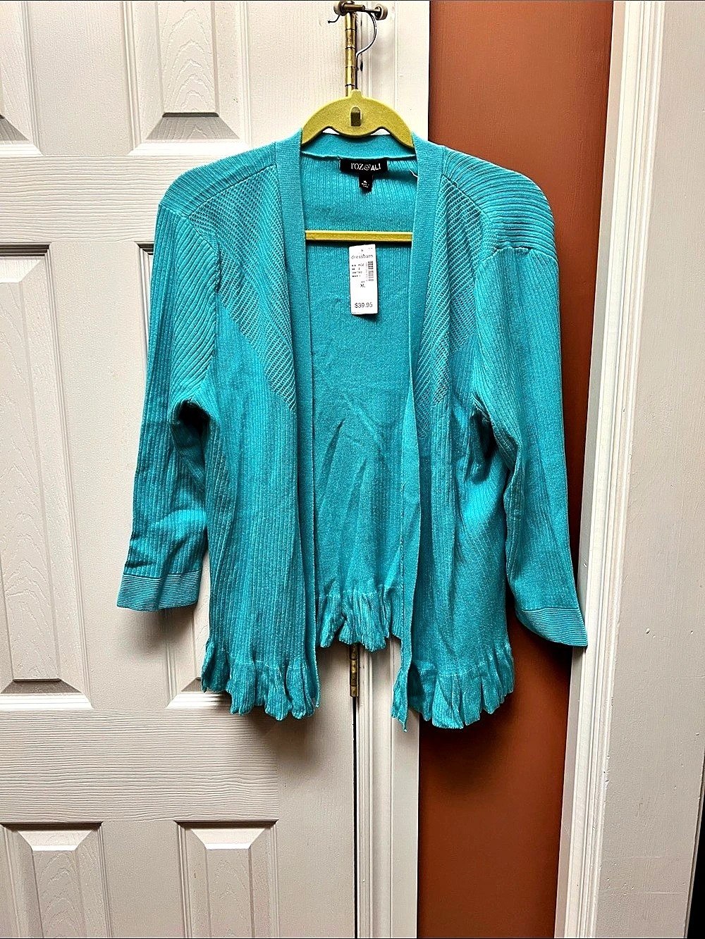 Roz & Ali Open Front Fringe Cardigan in Teal XL NWT